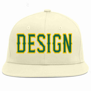 Custom Cream Kelly Green-Gold Flat Eaves Sport Baseball Cap Design for Men/Women/Youth