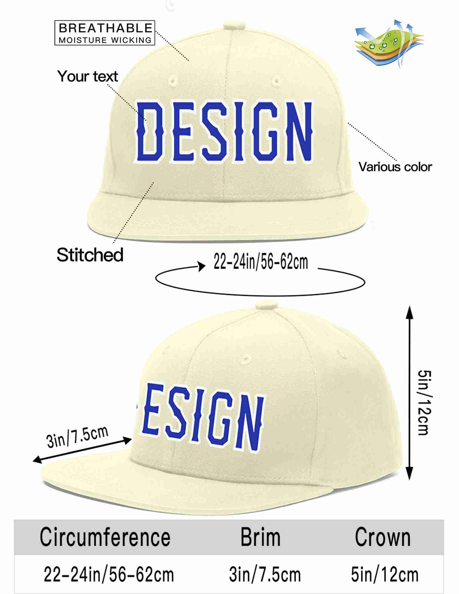 Custom Cream Royal-White Flat Eaves Sport Baseball Cap Design for Men/Women/Youth