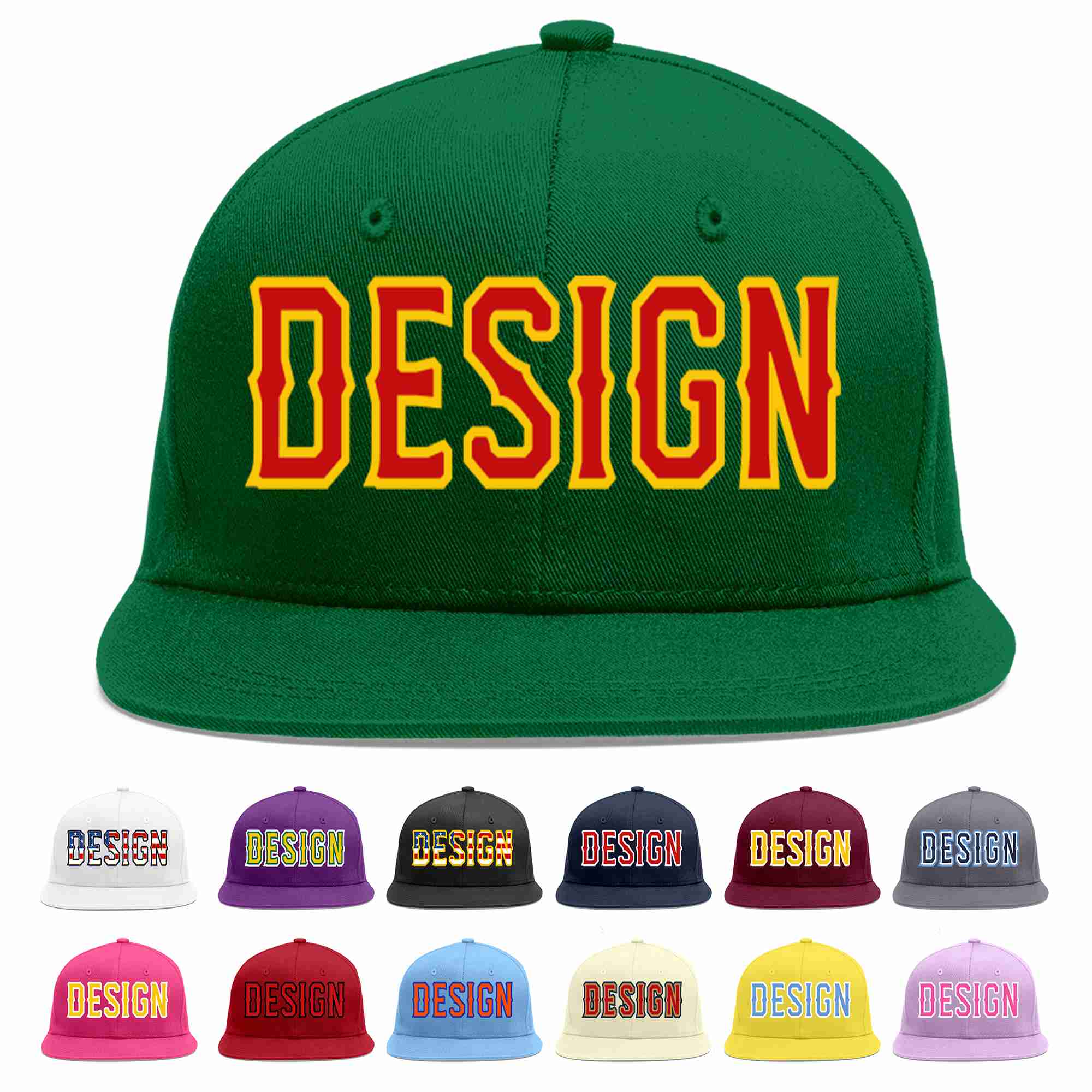 Custom Green Red-Yellow Flat Eaves Sport Baseball Cap Design for Men/Women/Youth