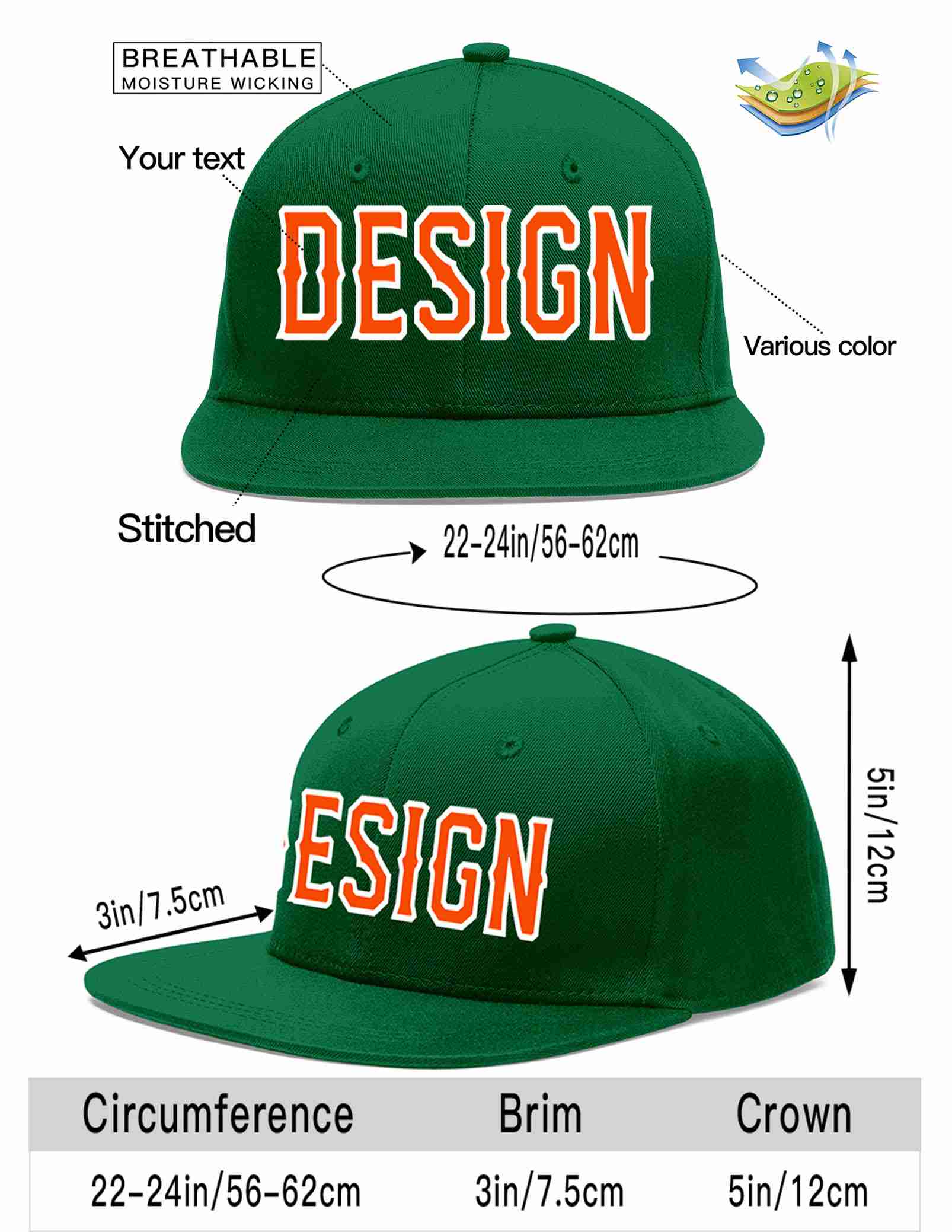 Custom Green Orange-White Flat Eaves Sport Baseball Cap Design for Men/Women/Youth