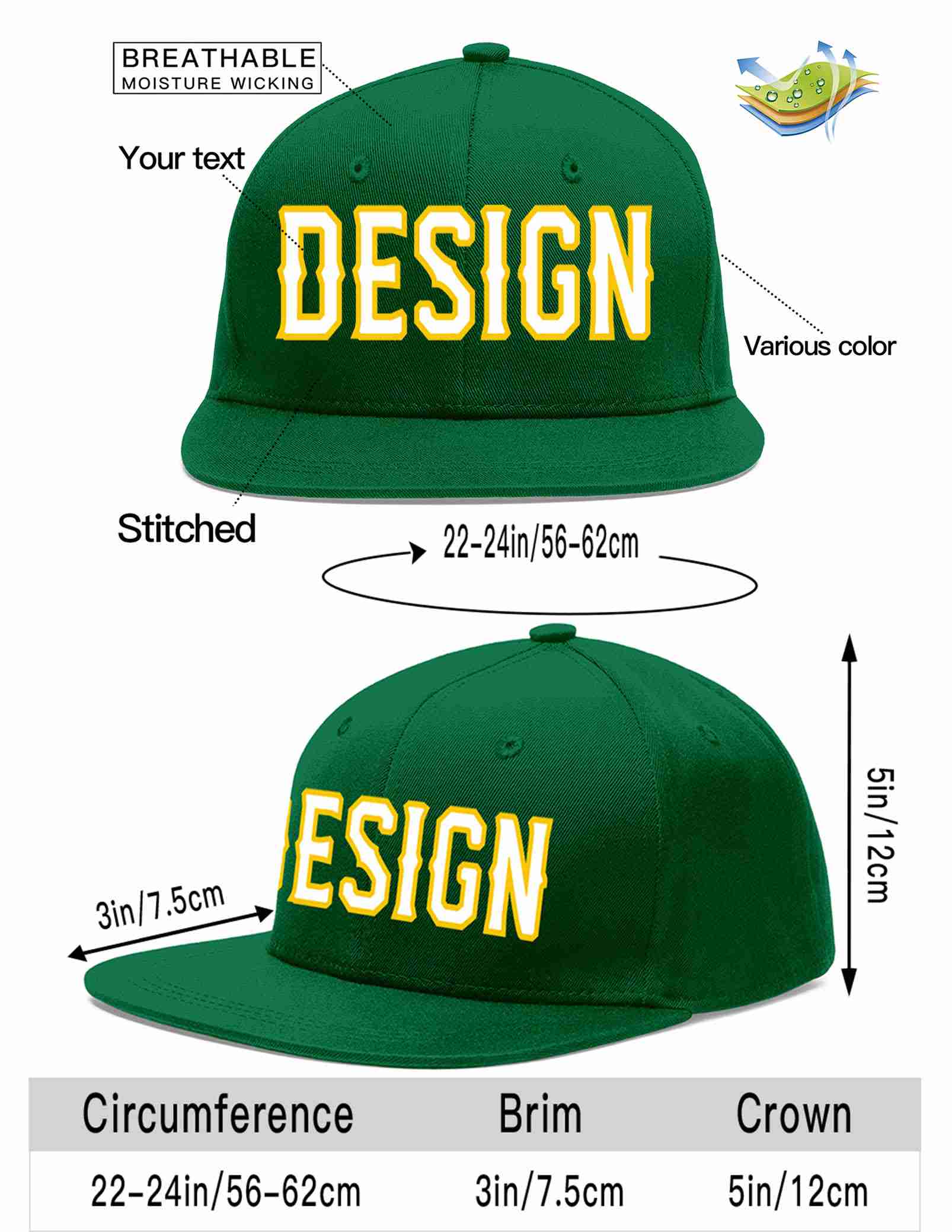 Custom Green White-Gold Flat Eaves Sport Baseball Cap Design for Men/Women/Youth