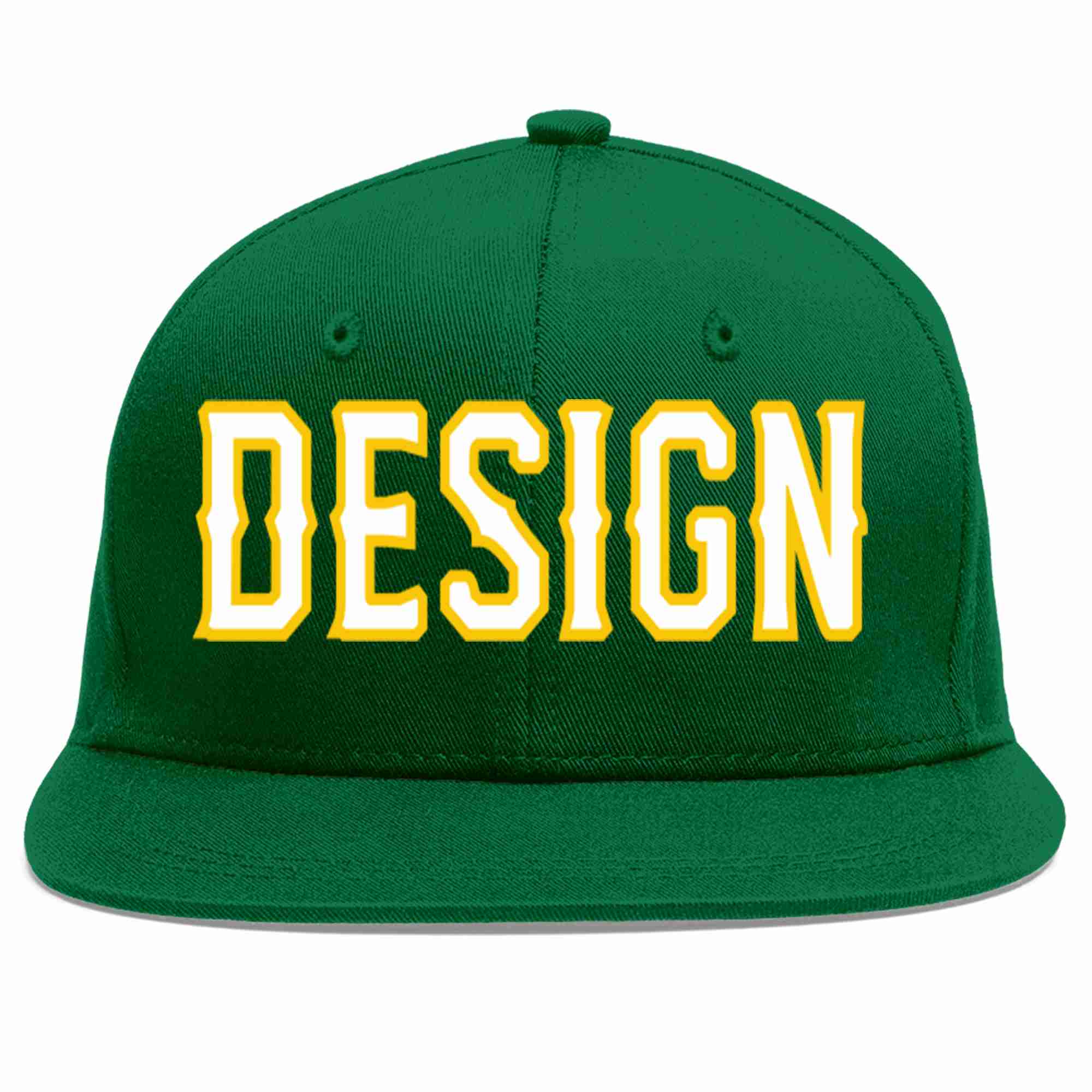 Custom Green White-Gold Flat Eaves Sport Baseball Cap Design for Men/Women/Youth