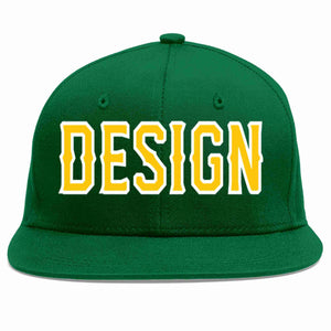 Custom Green Gold-White Flat Eaves Sport Baseball Cap Design for Men/Women/Youth