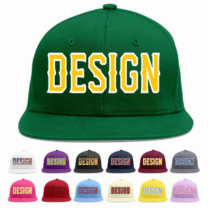 Custom Green Gold-White Flat Eaves Sport Baseball Cap Design for Men/Women/Youth