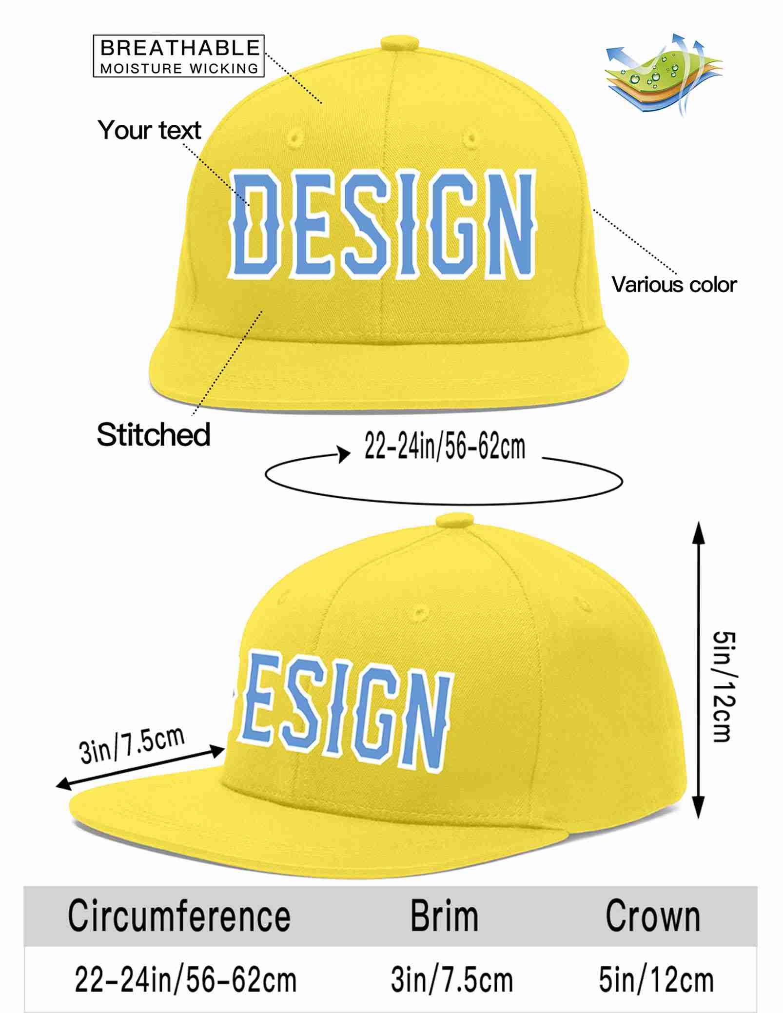 Custom Light Gold Light Blue-White Flat Eaves Sport Baseball Cap Design for Men/Women/Youth