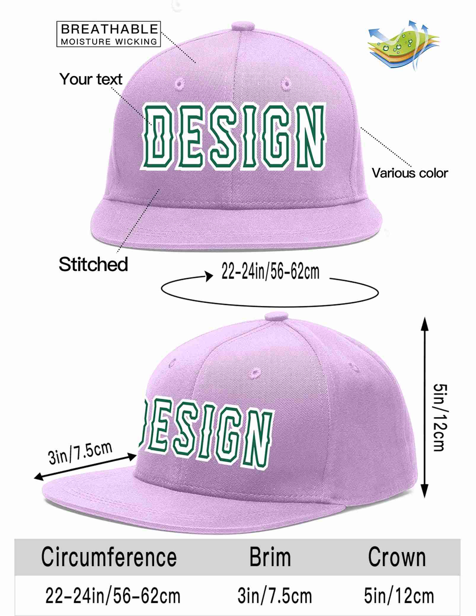 Custom Light Purple White-Kelly Green Flat Eaves Sport Baseball Cap Design for Men/Women/Youth