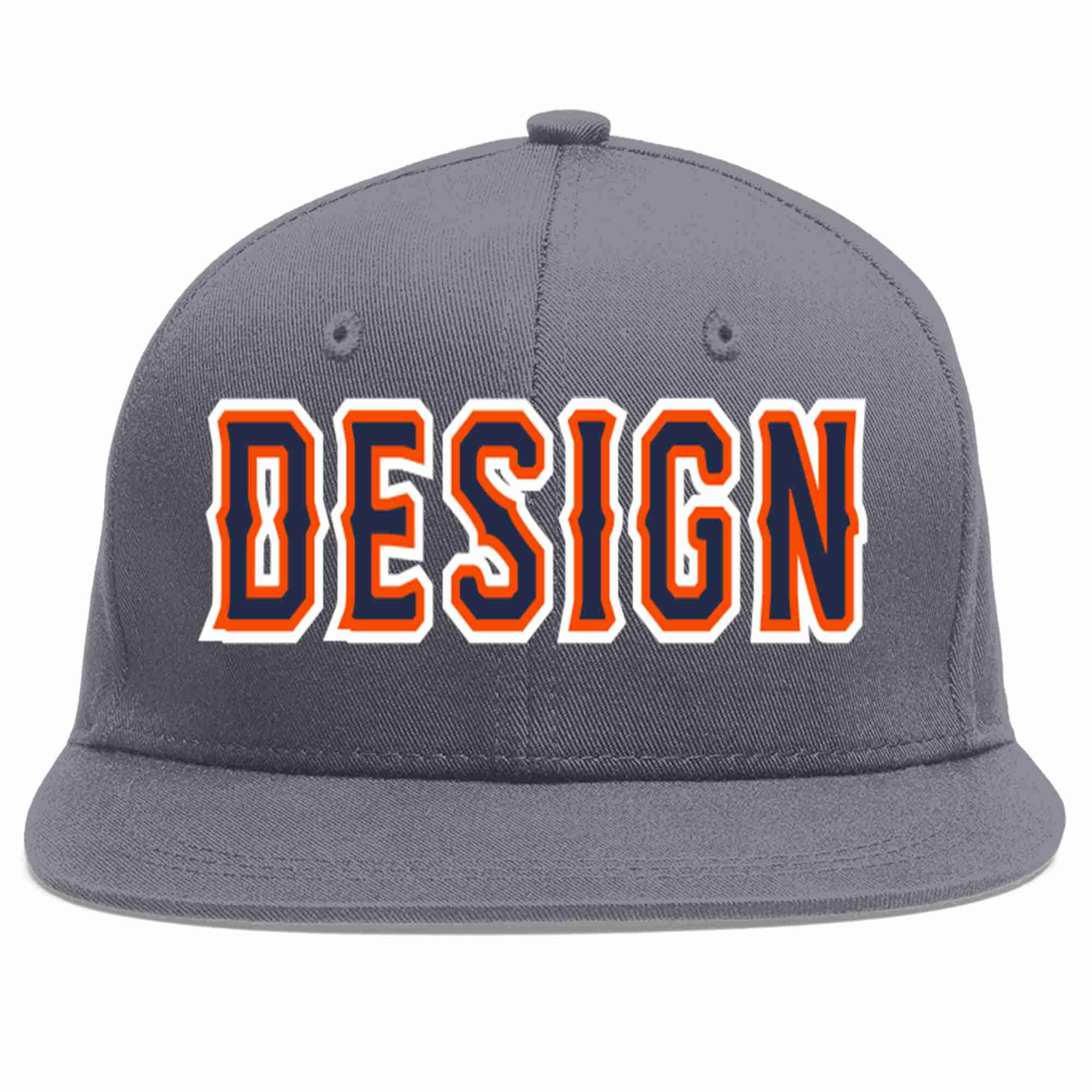 Custom Dark Gray Navy-Orange Flat Eaves Sport Baseball Cap Design for Men/Women/Youth