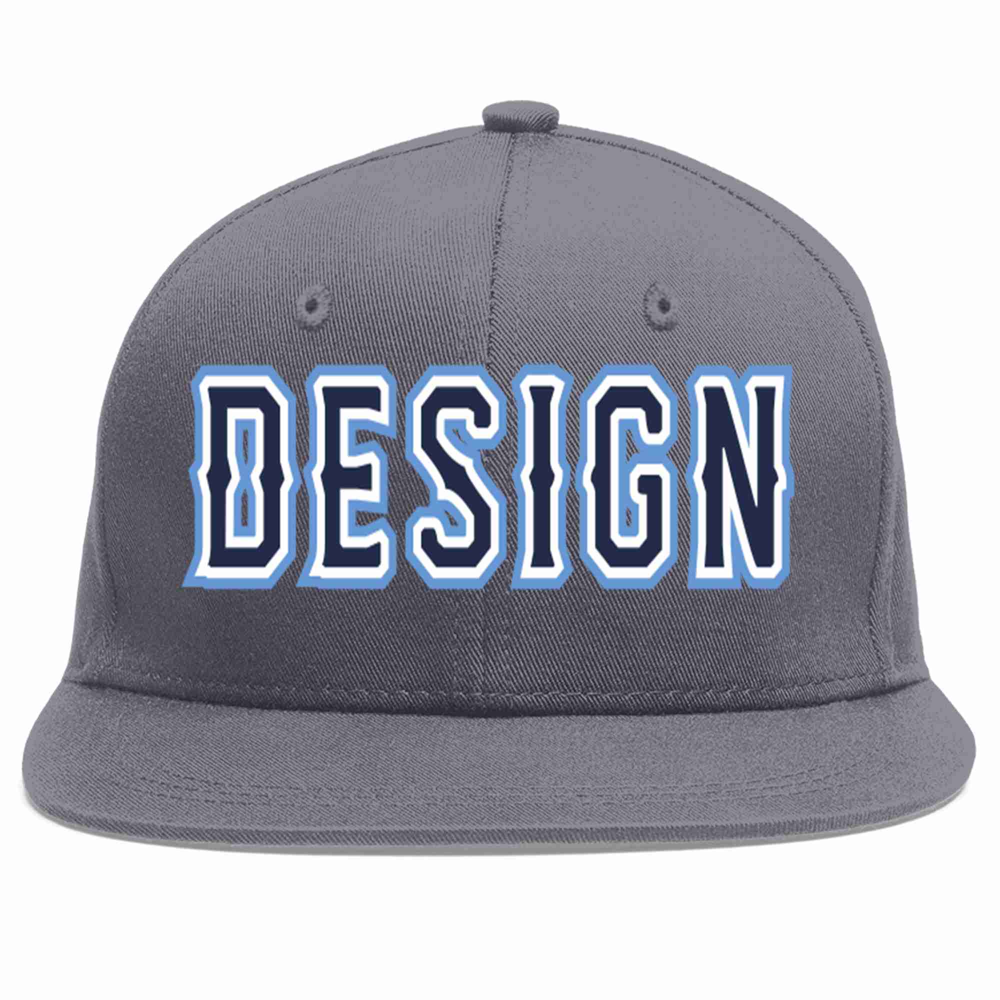 Custom Dark Gray Navy-White Flat Eaves Sport Baseball Cap Design for Men/Women/Youth