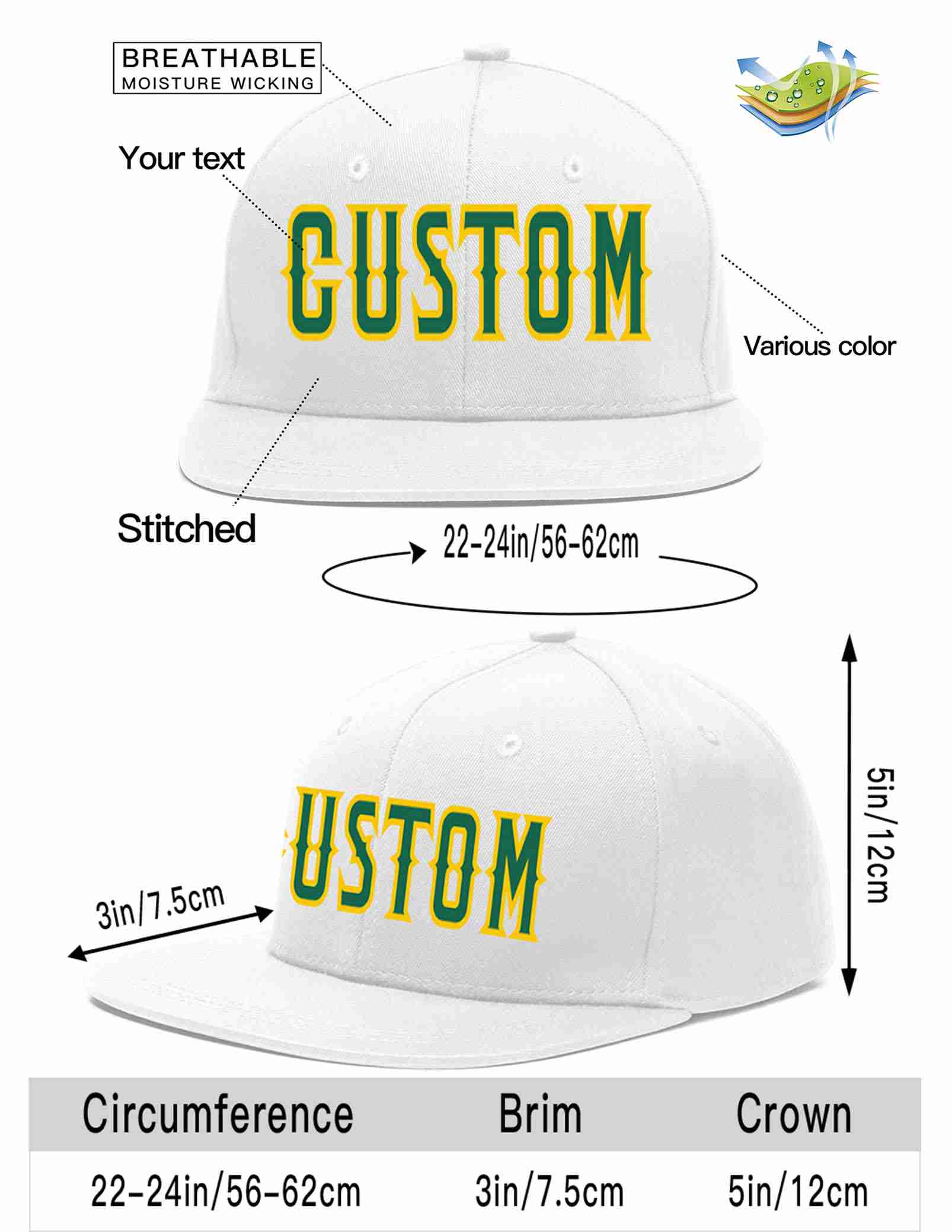 Custom White Kelly Green-Gold Casual Sport Baseball Cap