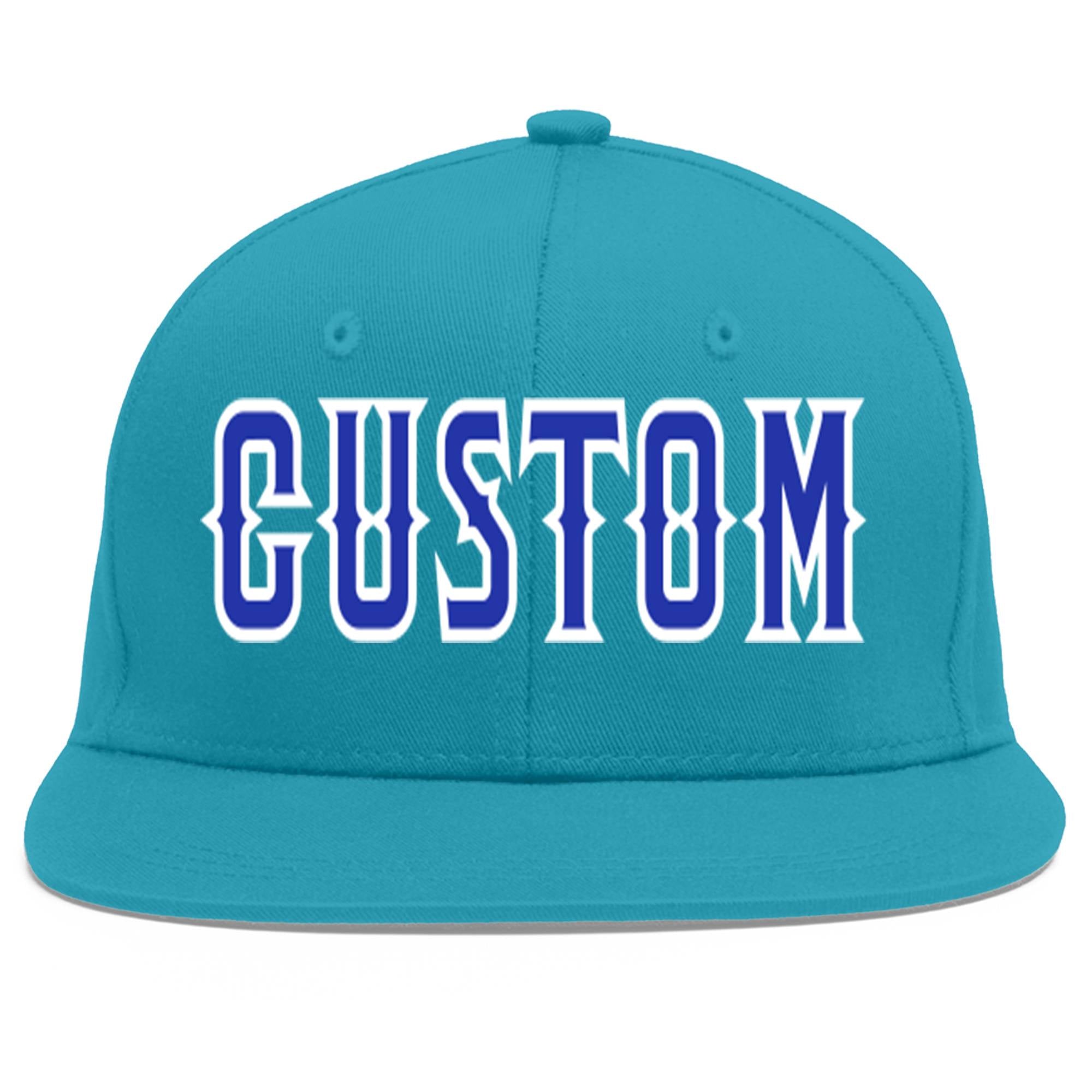 Custom Aqua Royal-White Flat Eaves Sport Baseball Cap