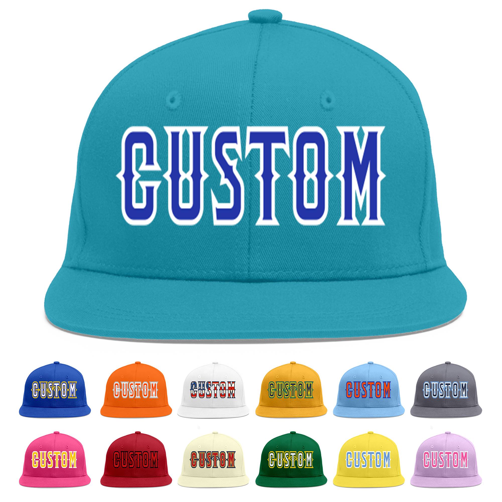 Custom Aqua Royal-White Flat Eaves Sport Baseball Cap