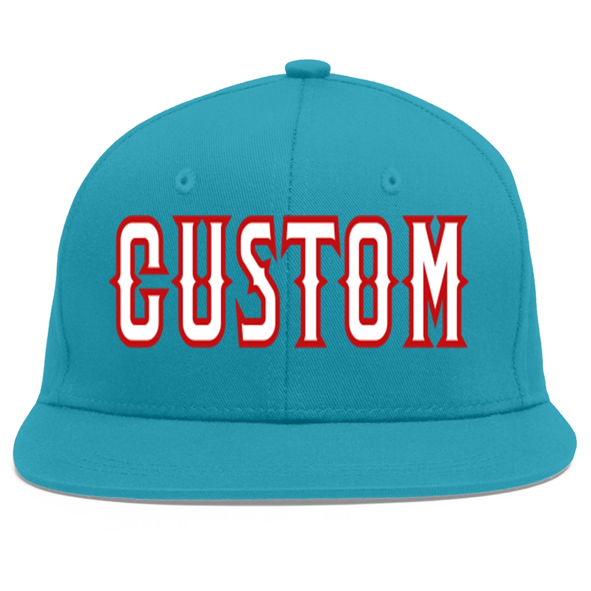 Custom Aqua White-Red Flat Eaves Sport Baseball Cap