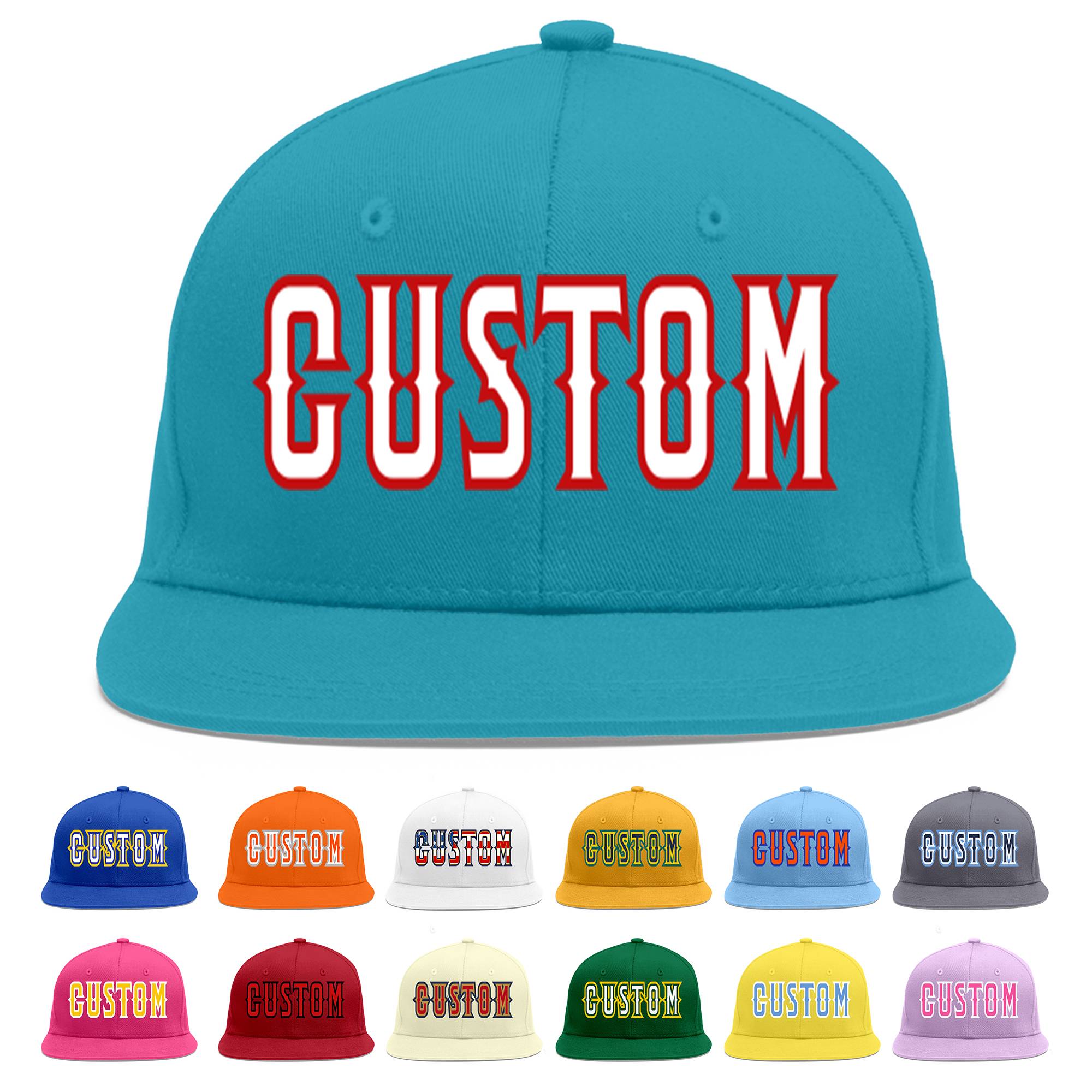 Custom Aqua White-Red Flat Eaves Sport Baseball Cap