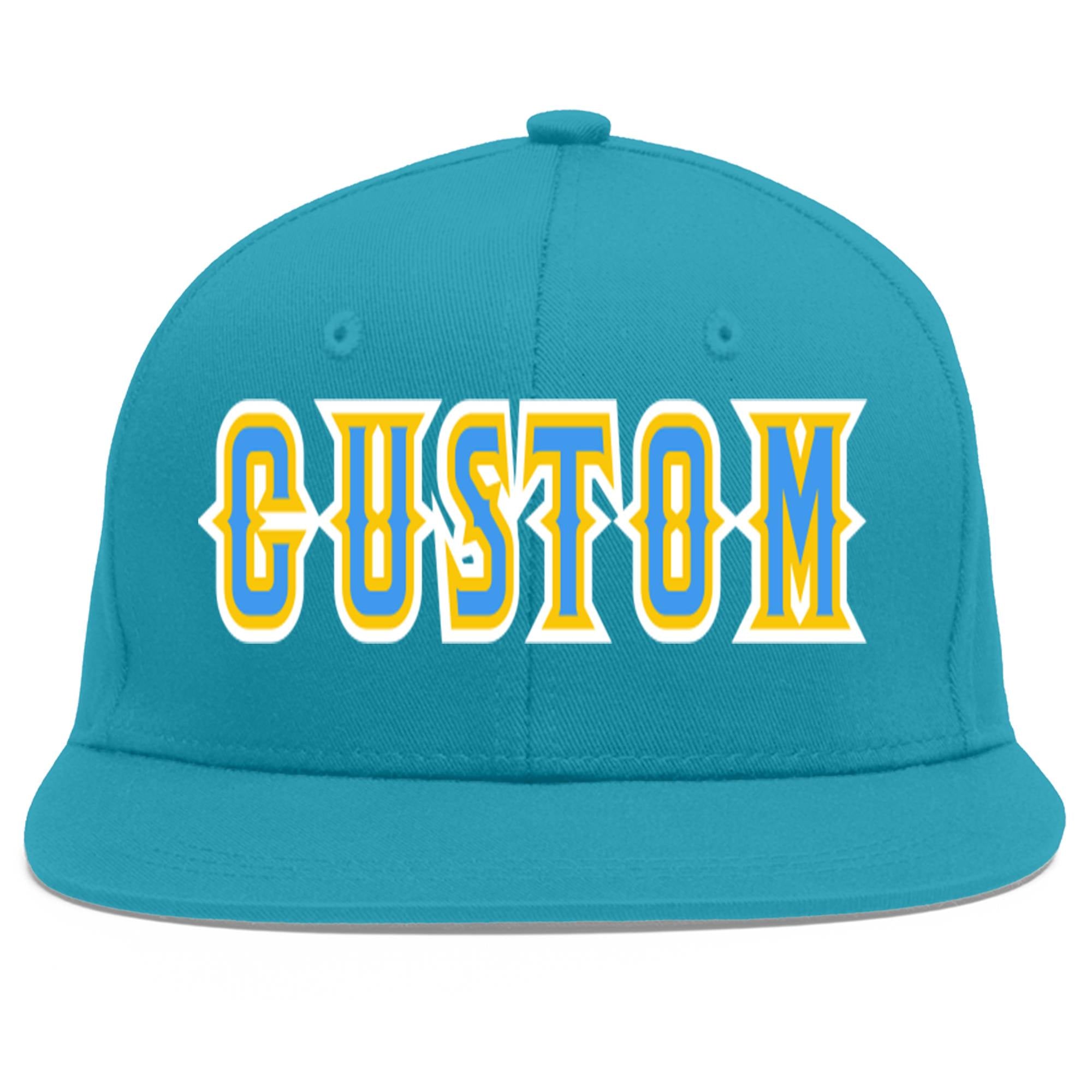 Custom Aqua Powder Blue-Gold Flat Eaves Sport Baseball Cap