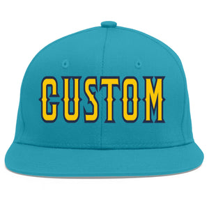 Custom Aqua Gold-Navy Flat Eaves Sport Baseball Cap