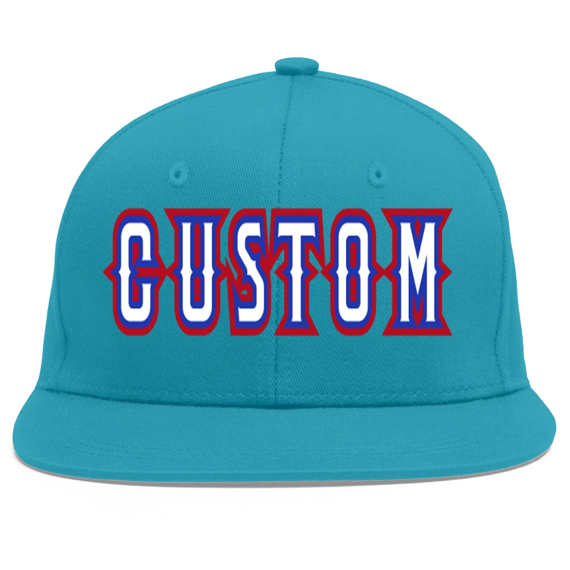 Custom Aqua White-Royal Flat Eaves Sport Baseball Cap