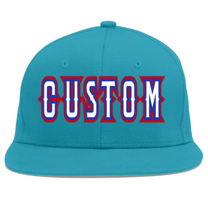 Custom Aqua White-Royal Flat Eaves Sport Baseball Cap