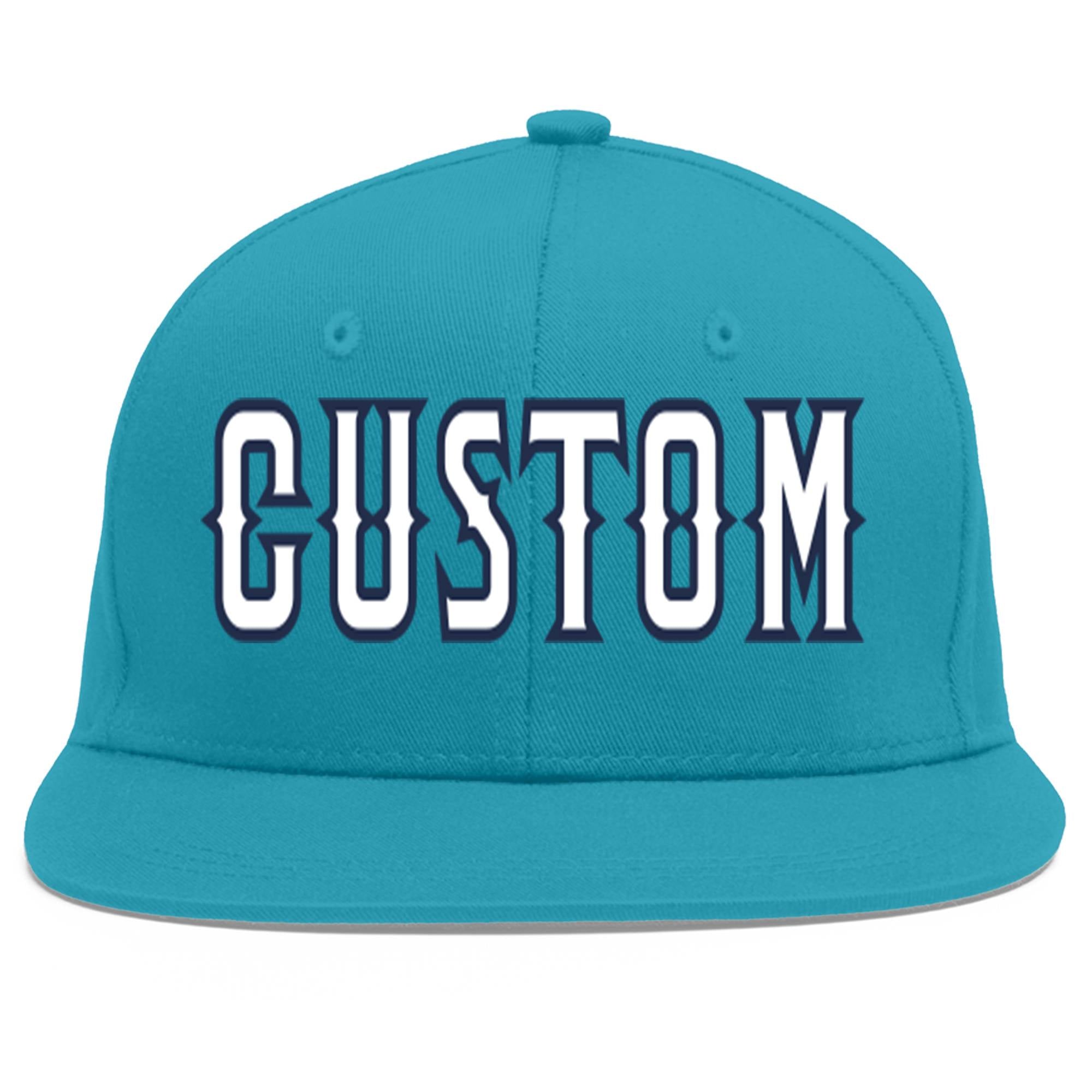 Custom Aqua White-Navy Flat Eaves Sport Baseball Cap