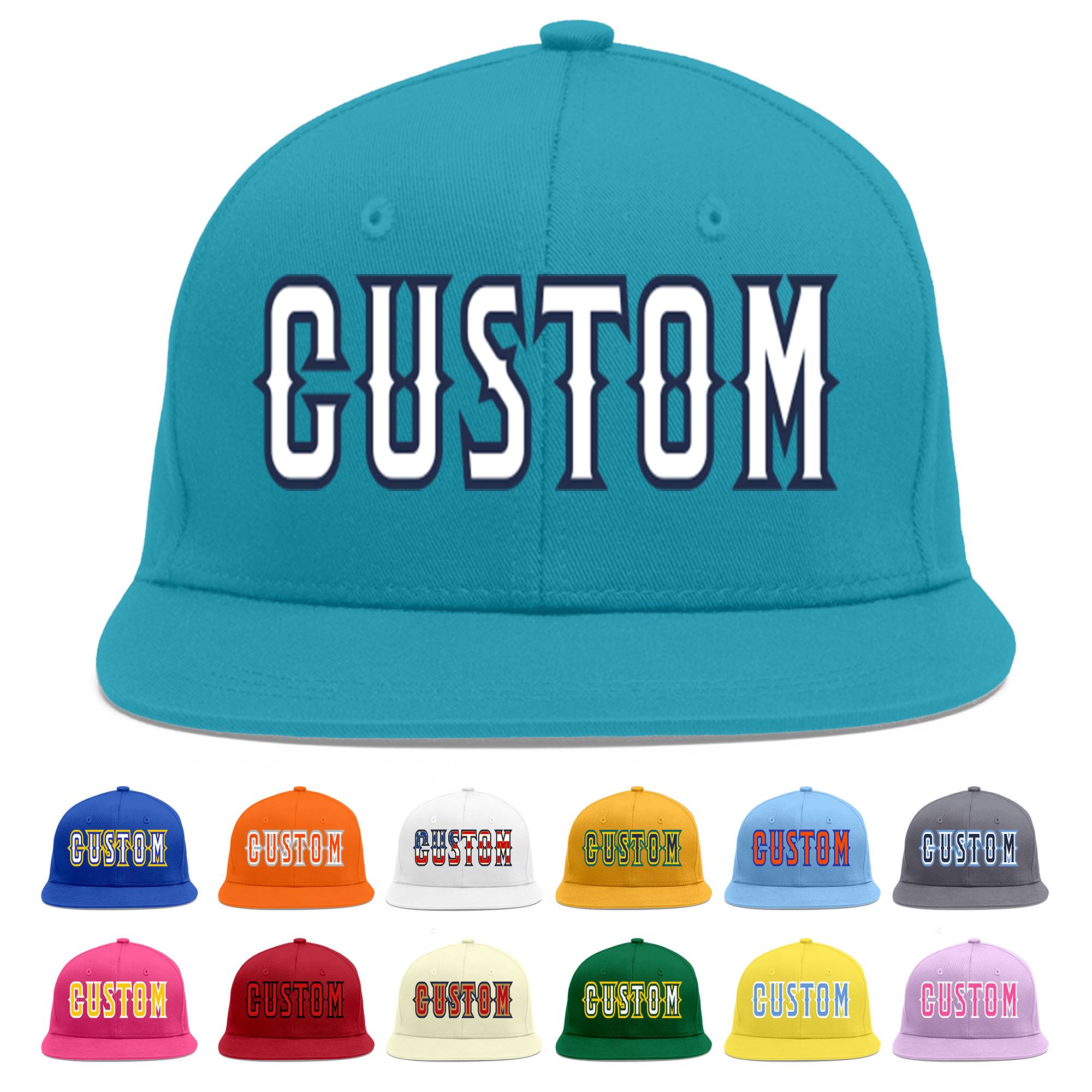 Custom Aqua White-Navy Flat Eaves Sport Baseball Cap