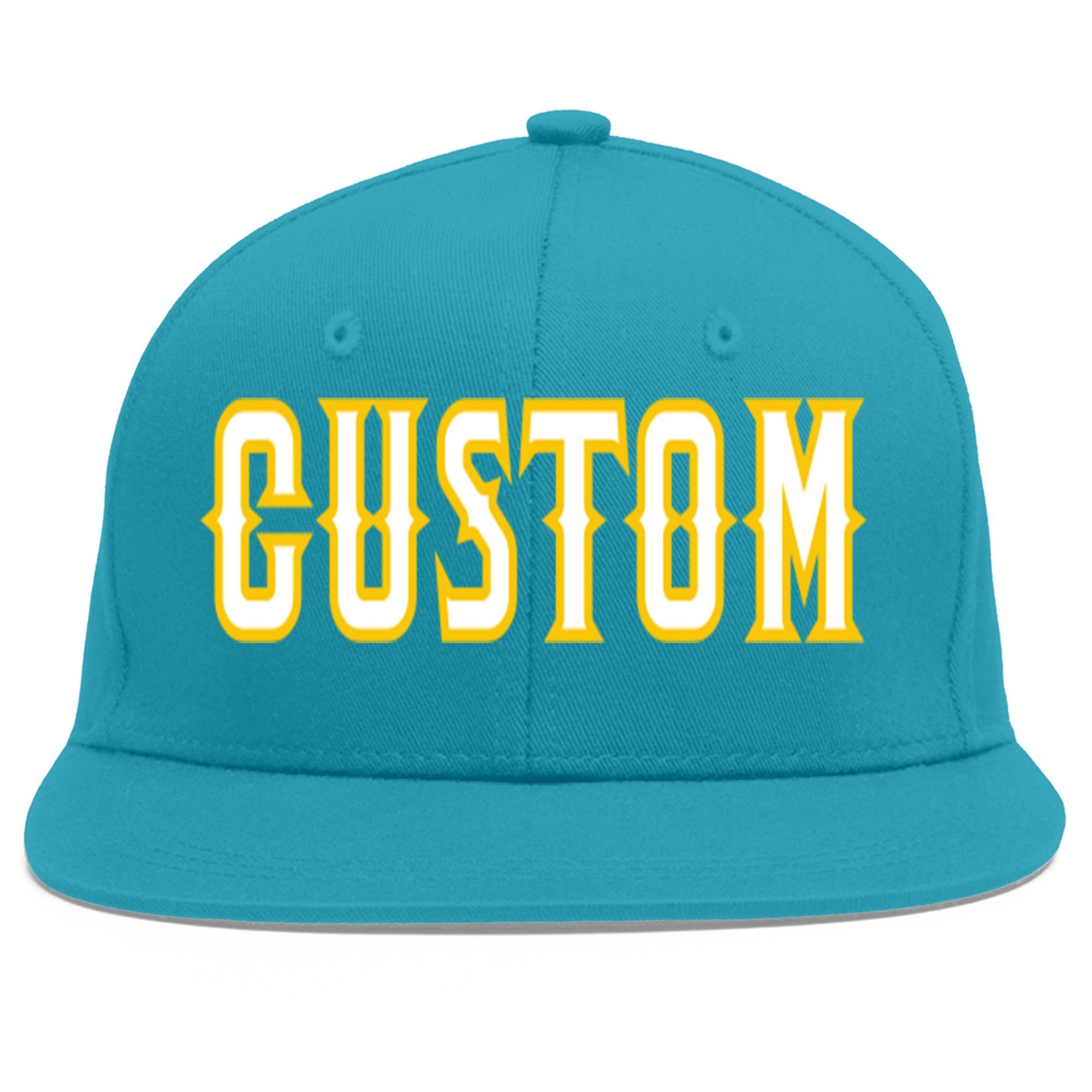 Casquette de baseball sport personnalisée Aqua White-Gold Flat Eaves