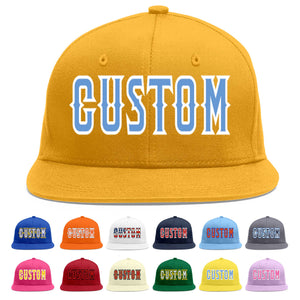 Custom Gold Light Blue-White Flat Eaves Sport Baseball Cap