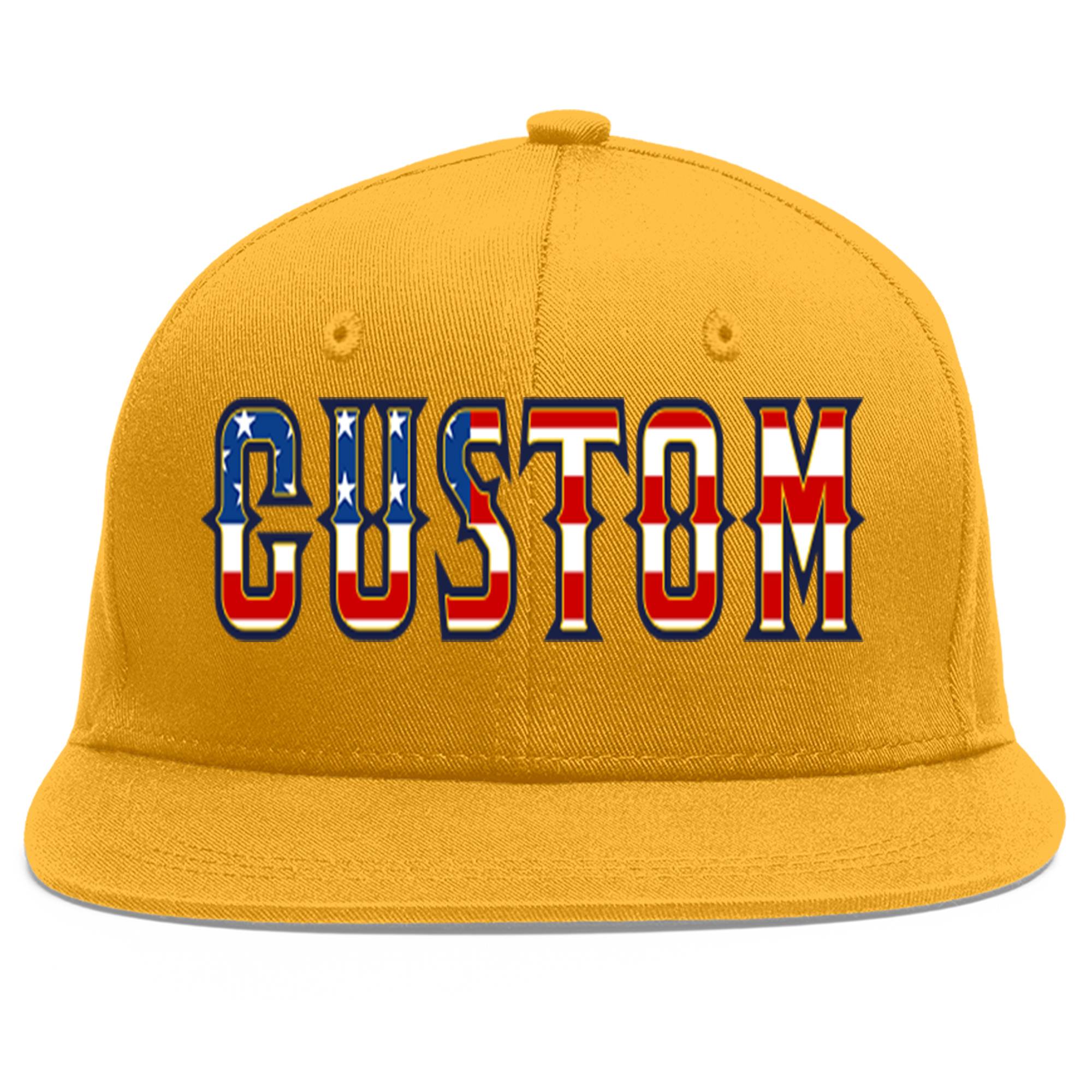 Custom Gold Vintage USA Flag-Gold Flat Eaves Sport Baseball Cap