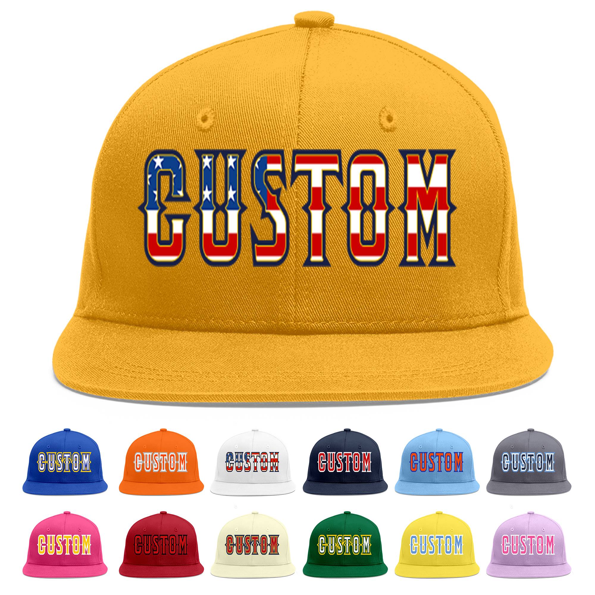 Custom Gold Vintage USA Flag-Gold Flat Eaves Sport Baseball Cap