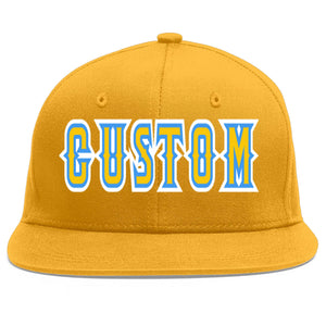 Custom Gold Gold-Powder Blue Flat Eaves Sport Baseball Cap