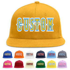 Custom Gold Gold-Powder Blue Flat Eaves Sport Baseball Cap