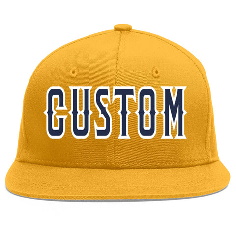 Custom Gold Navy-White Flat Eaves Sport Baseball Cap