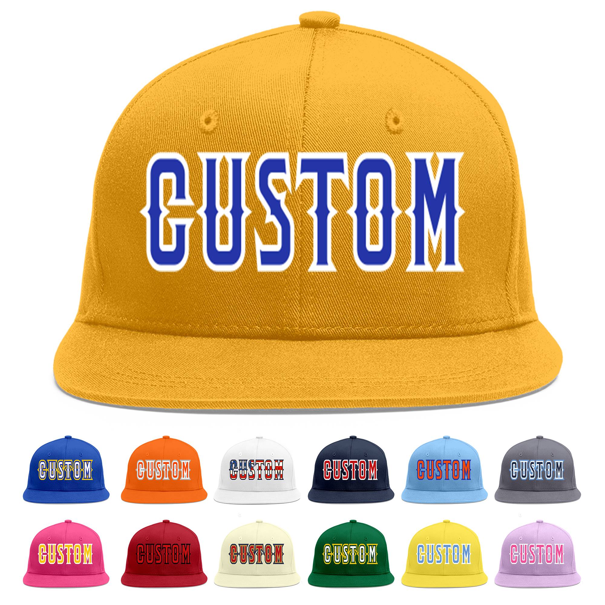 Custom Gold Royal-White Flat Eaves Sport Baseball Cap