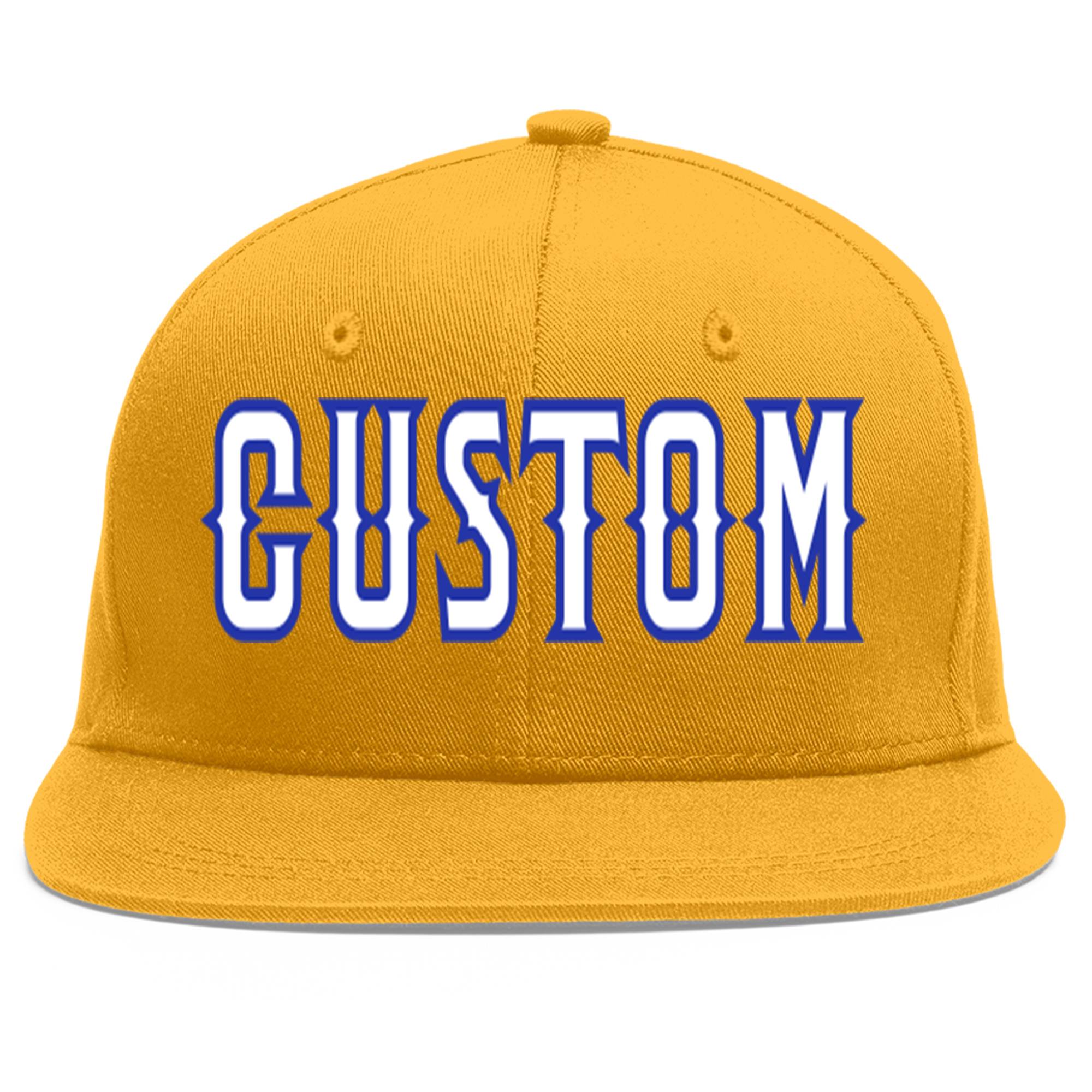 Casquette de baseball personnalisée Gold White-Royal Flat Eaves Sport