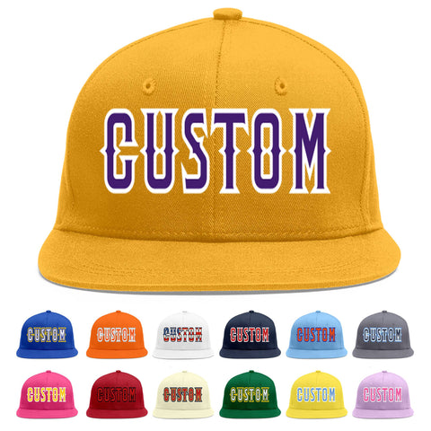 Custom Gold purple-White Flat Eaves Sport Baseball Cap