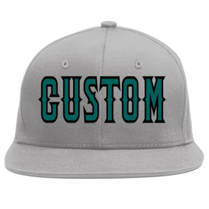 Custom Gray Aqua-Black Flat Eaves Sport Baseball Cap