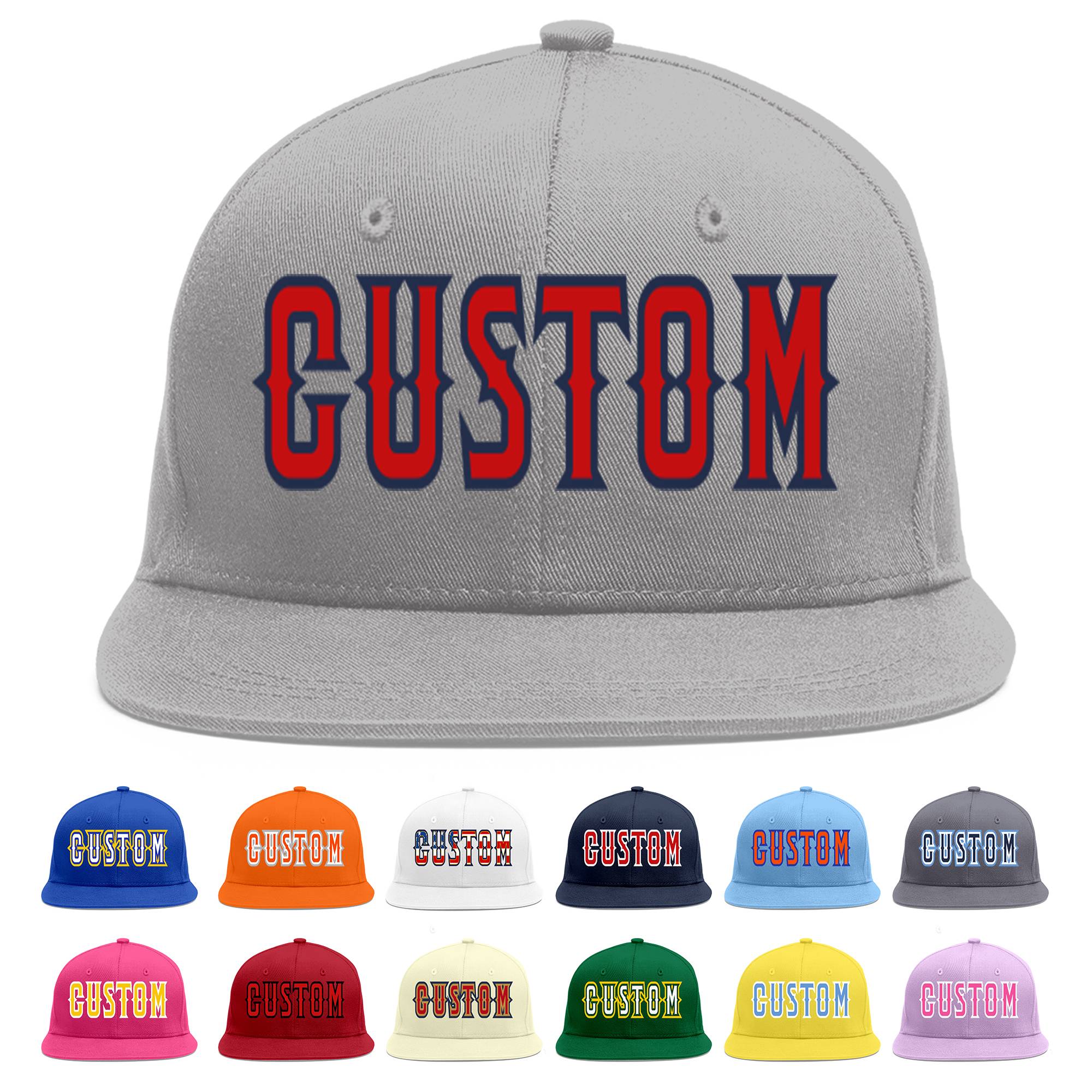 Custom Gray Red-Navy Flat Eaves Sport Baseball Cap