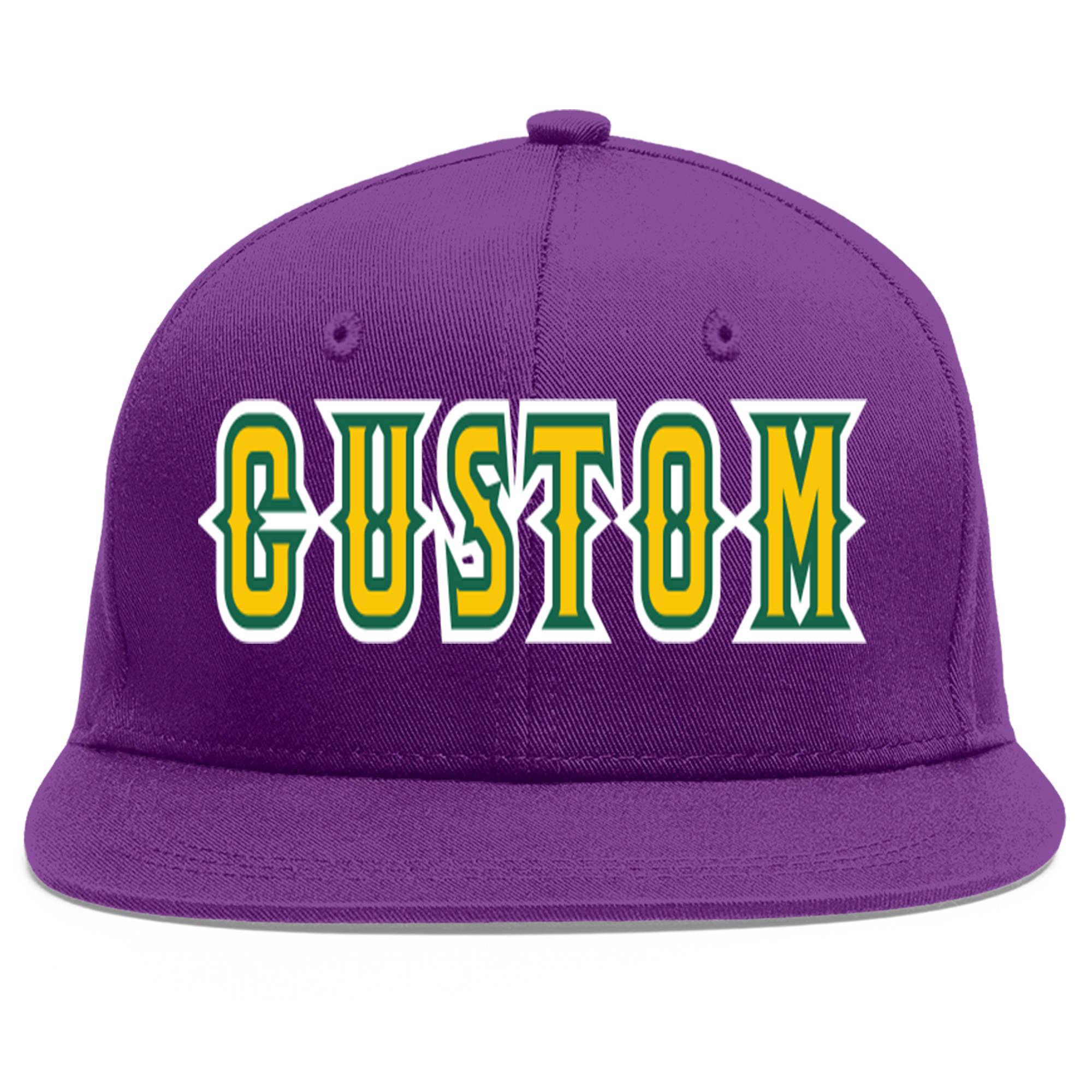 Casquette de baseball sport personnalisée violet or-Kelly vert plat avant-toit