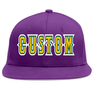 Casquette de baseball sport personnalisée violet or-Kelly vert plat avant-toit