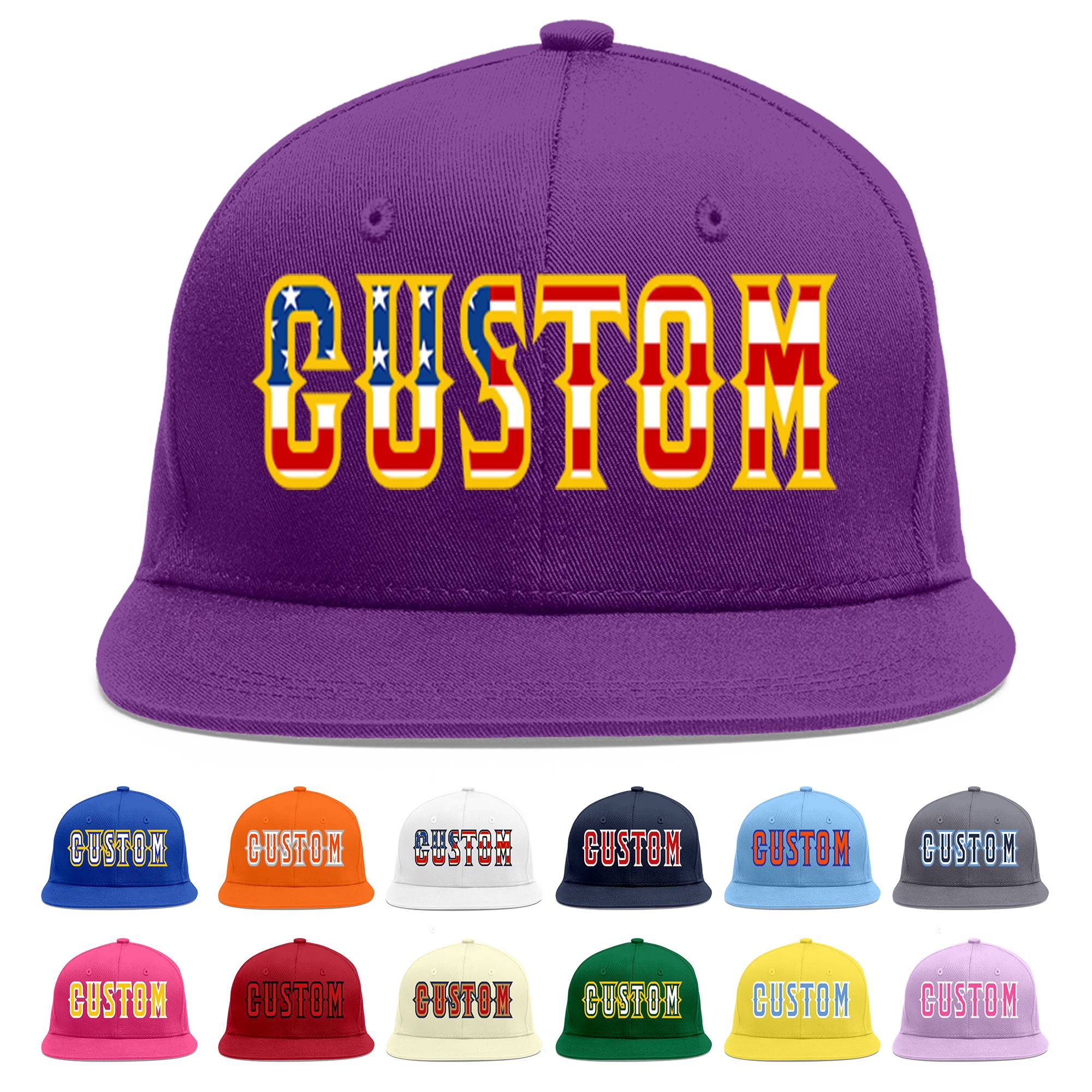 Casquette de baseball personnalisée avec drapeau américain vintage violet et or plat avant-toit