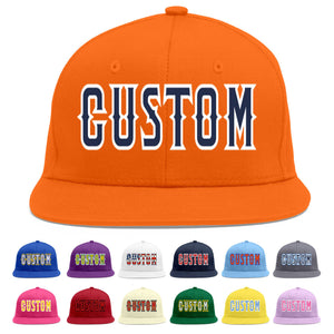 Custom Orange Navy-White Flat Eaves Sport Baseball Cap