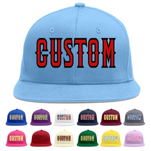 Custom Light Blue Red-Black Flat Eaves Sport Baseball Cap