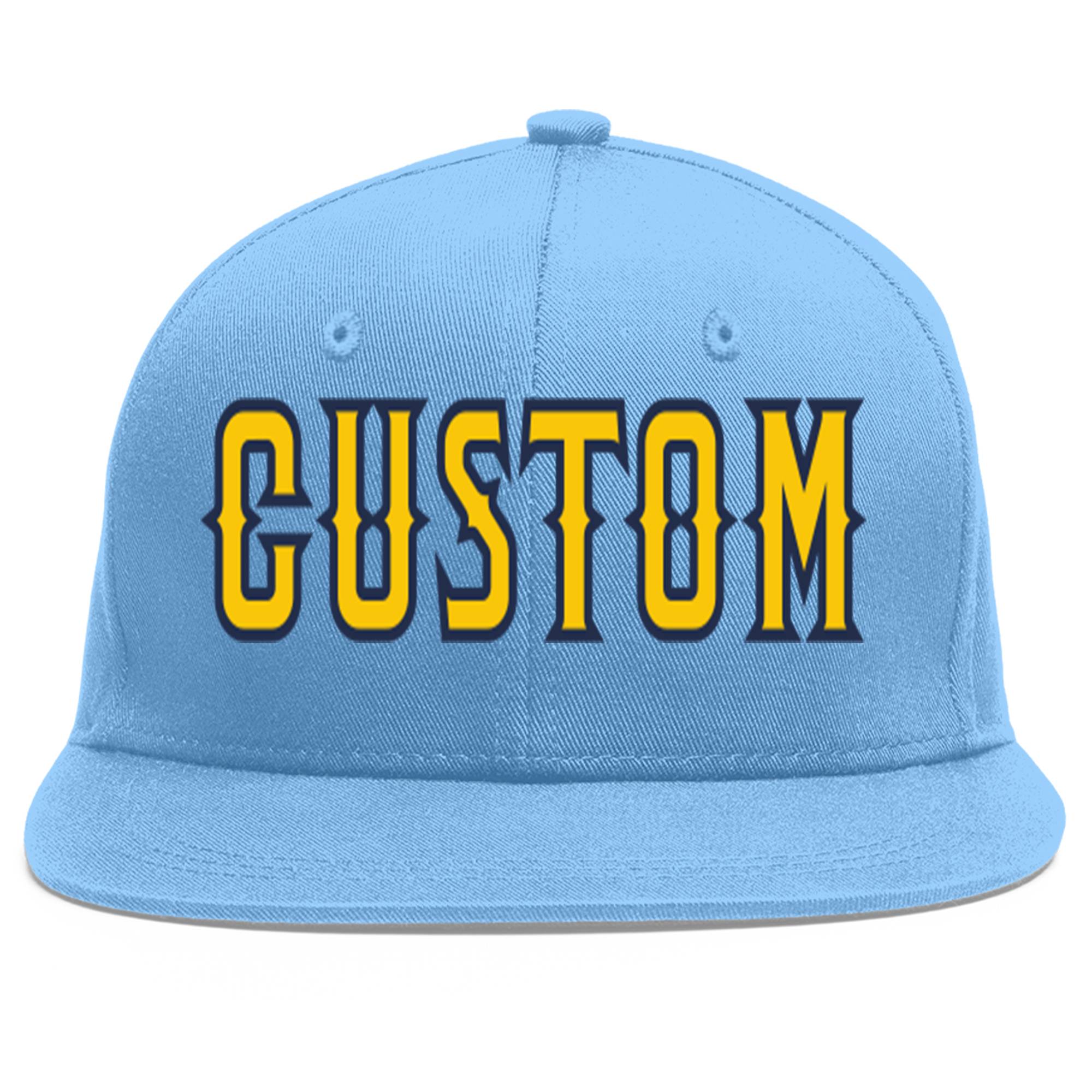 Casquette de baseball sport personnalisée bleu clair or-marine Flat Eaves