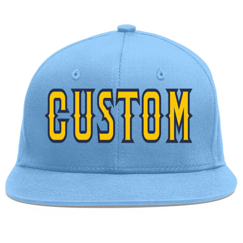 Custom Light Blue Gold-Navy Flat Eaves Sport Baseball Cap