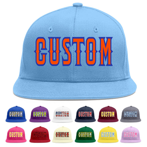 Custom Light Blue Orange-Royal Flat Eaves Sport Baseball Cap