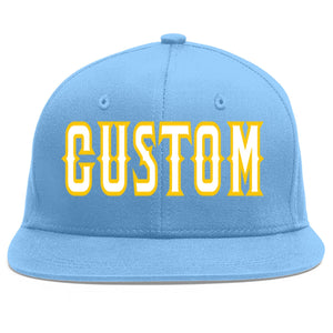 Custom Light Blue White-Gold Flat Eaves Sport Baseball Cap