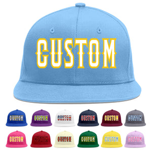 Custom Light Blue White-Gold Flat Eaves Sport Baseball Cap