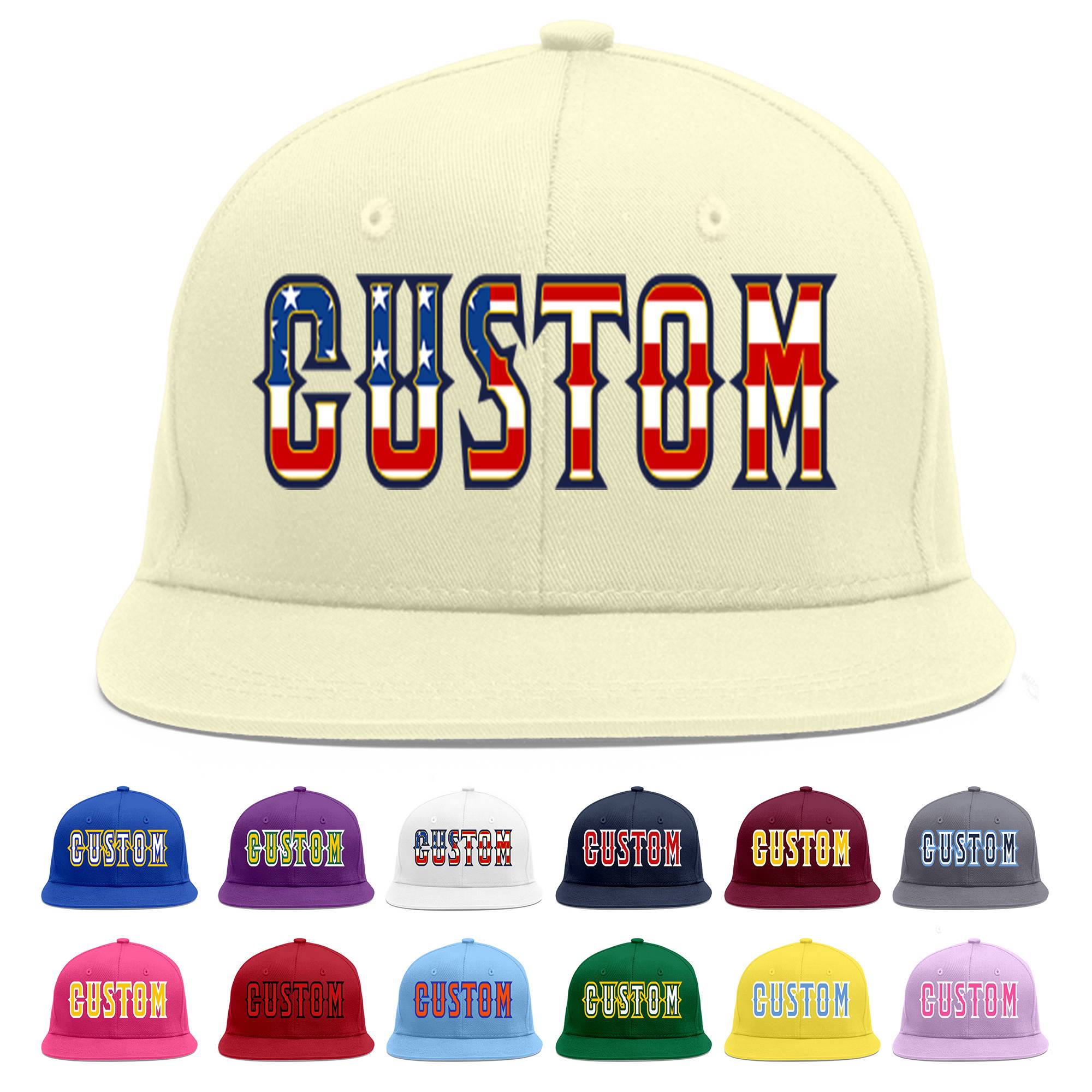 Custom Cream Vintage USA Flag-Gold Flat Eaves Sport Baseball Cap