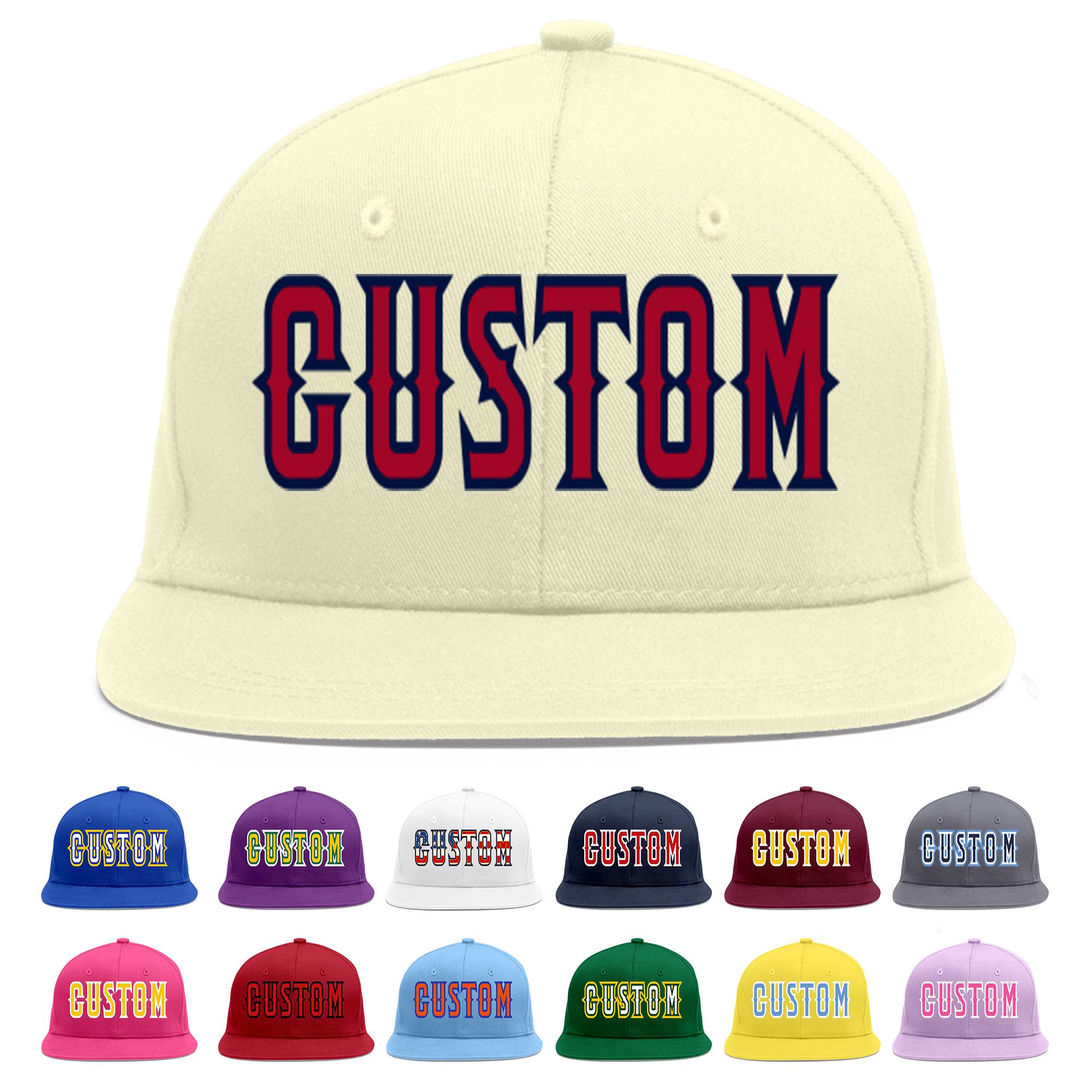 Custom Cream Red-Navy Flat Eaves Sport Baseball Cap