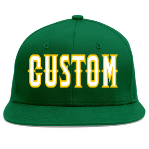 Custom Green White-Gold Flat Eaves Sport Baseball Cap