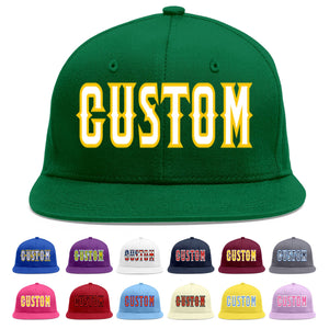 Custom Green White-Gold Flat Eaves Sport Baseball Cap