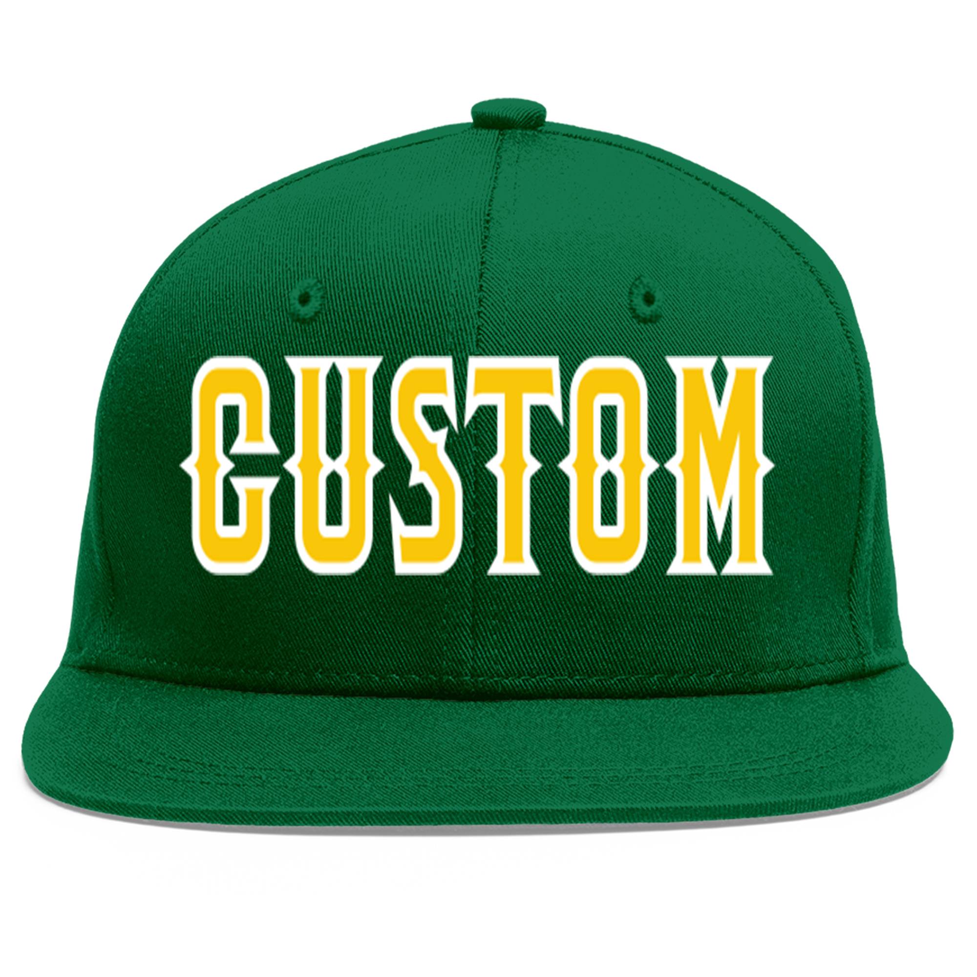 Casquette de baseball sport personnalisée vert or-blanc plat Eaves